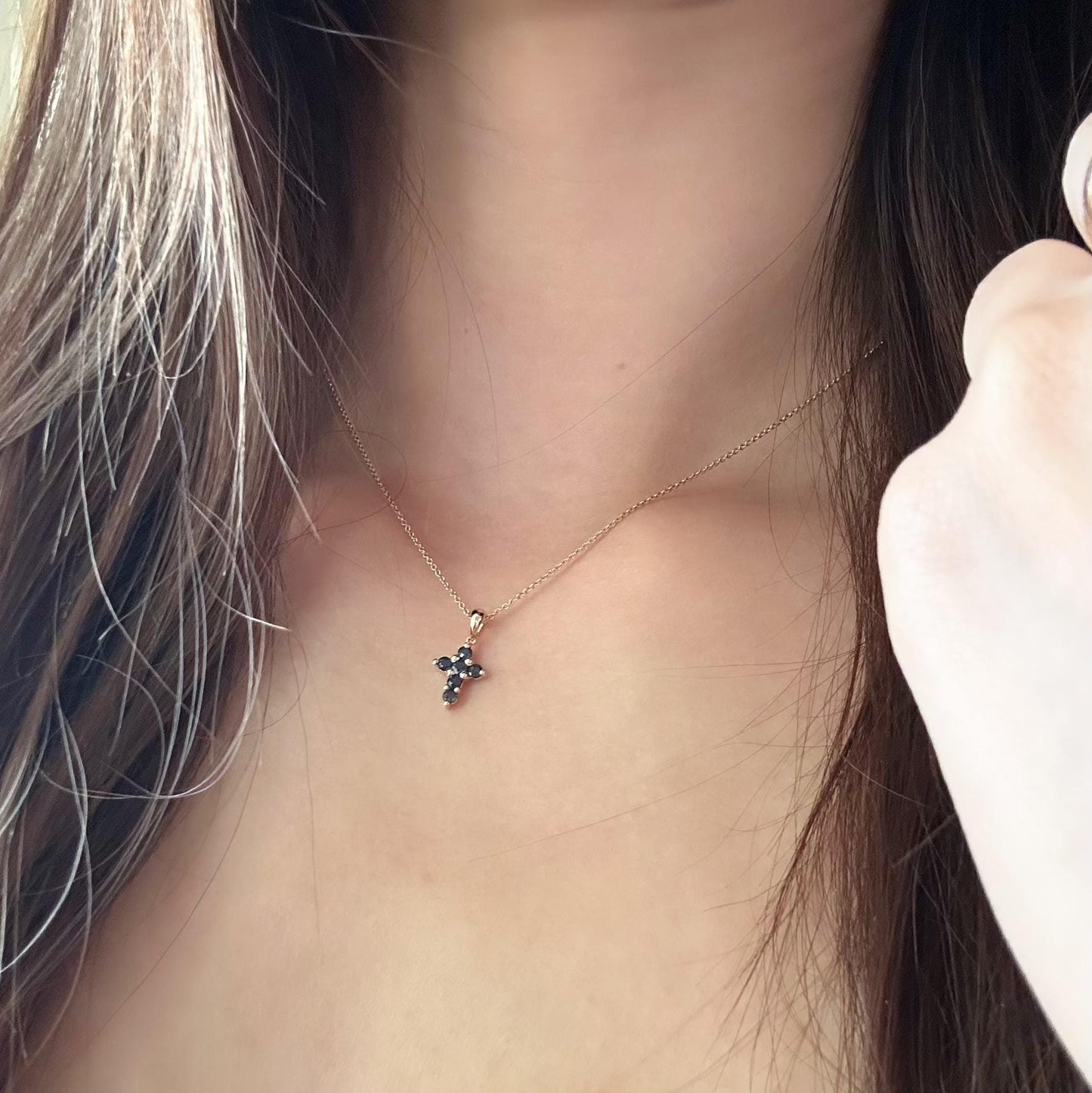 14K Solid Gold Genuine Small Sapphire Cross Pendant