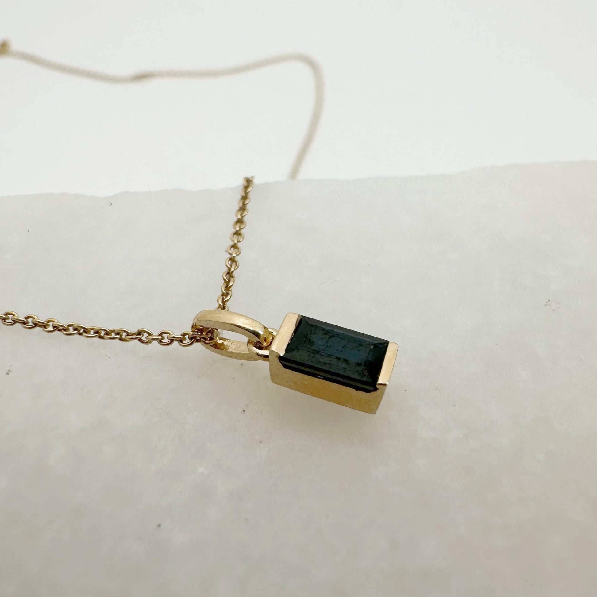 14K Solid Gold Genuine Sapphire Baguette Pendant