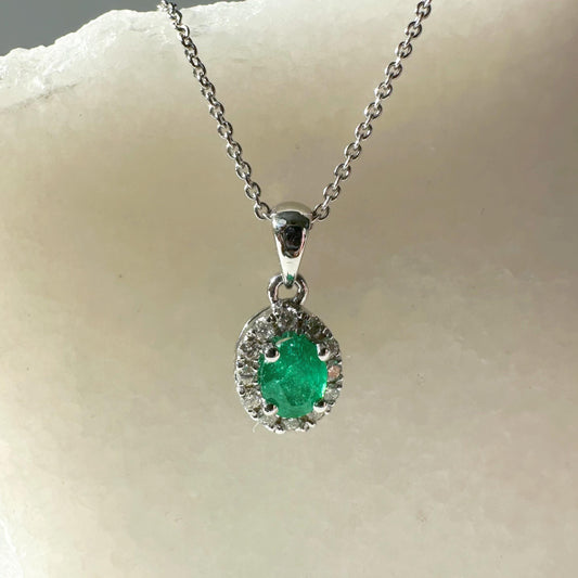 14K Solid Gold Genuine Diamond and Emerald Halo Pendant