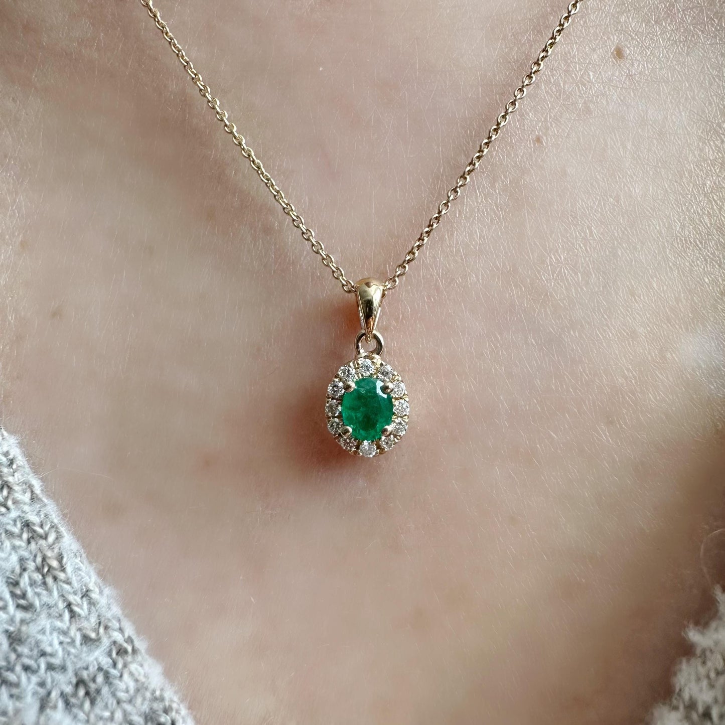 14K Solid Gold Genuine Diamond and Emerald Halo Pendant