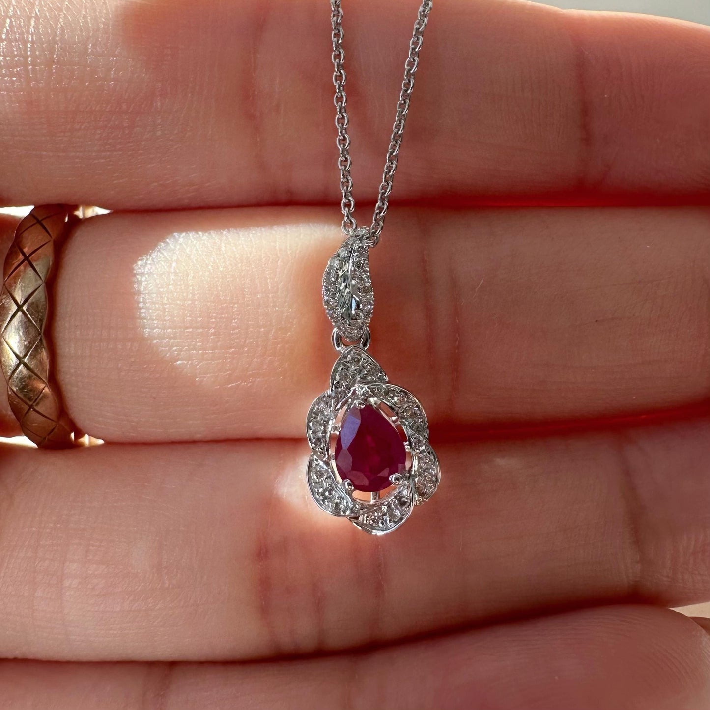 14K Solid White Gold Teardrop Ruby and Diamond Pendant