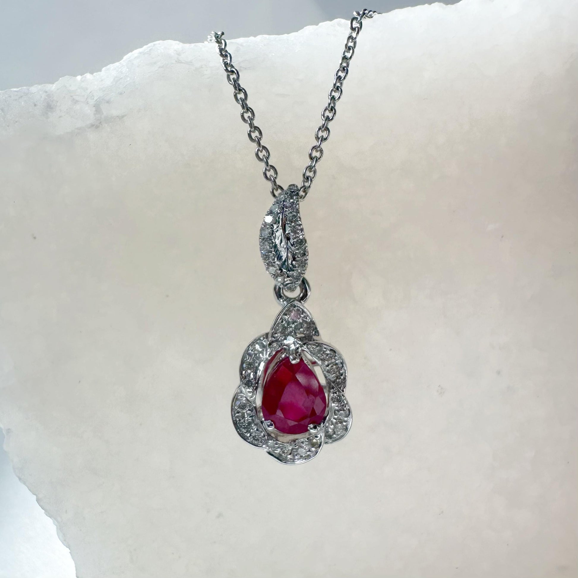 14K Solid White Gold Teardrop Ruby and Diamond Pendant