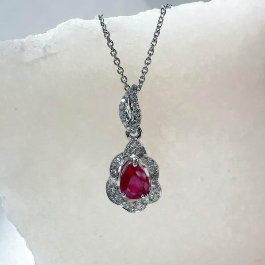14K Solid White Gold Teardrop Ruby and Diamond Pendant