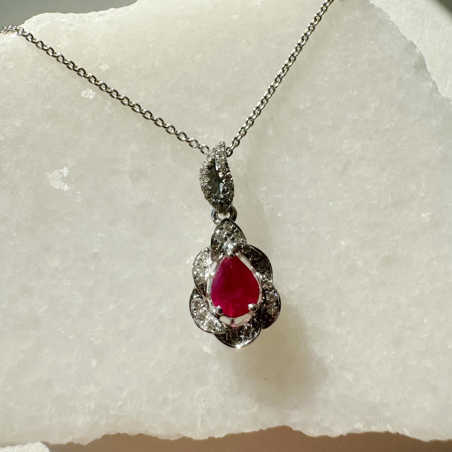 14K Solid White Gold Teardrop Ruby and Diamond Pendant