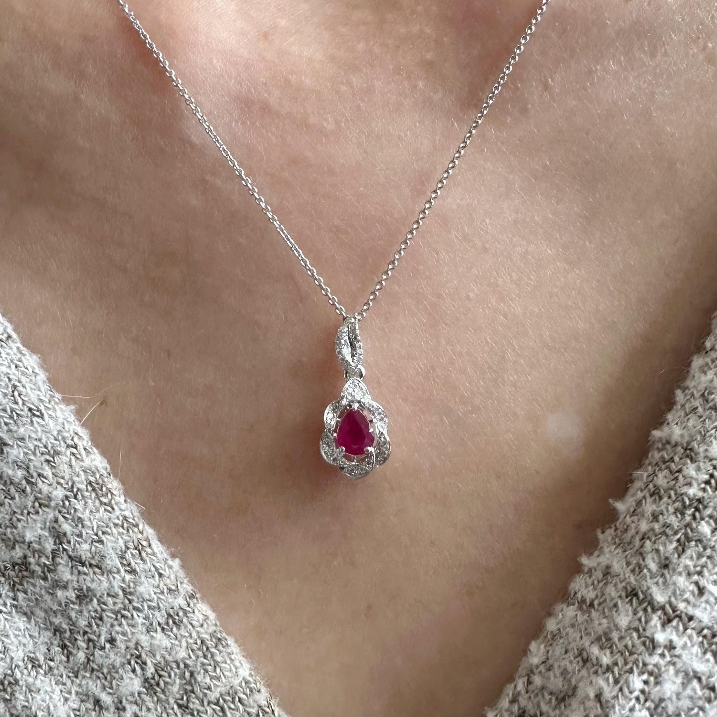 14K Solid White Gold Teardrop Ruby and Diamond Pendant