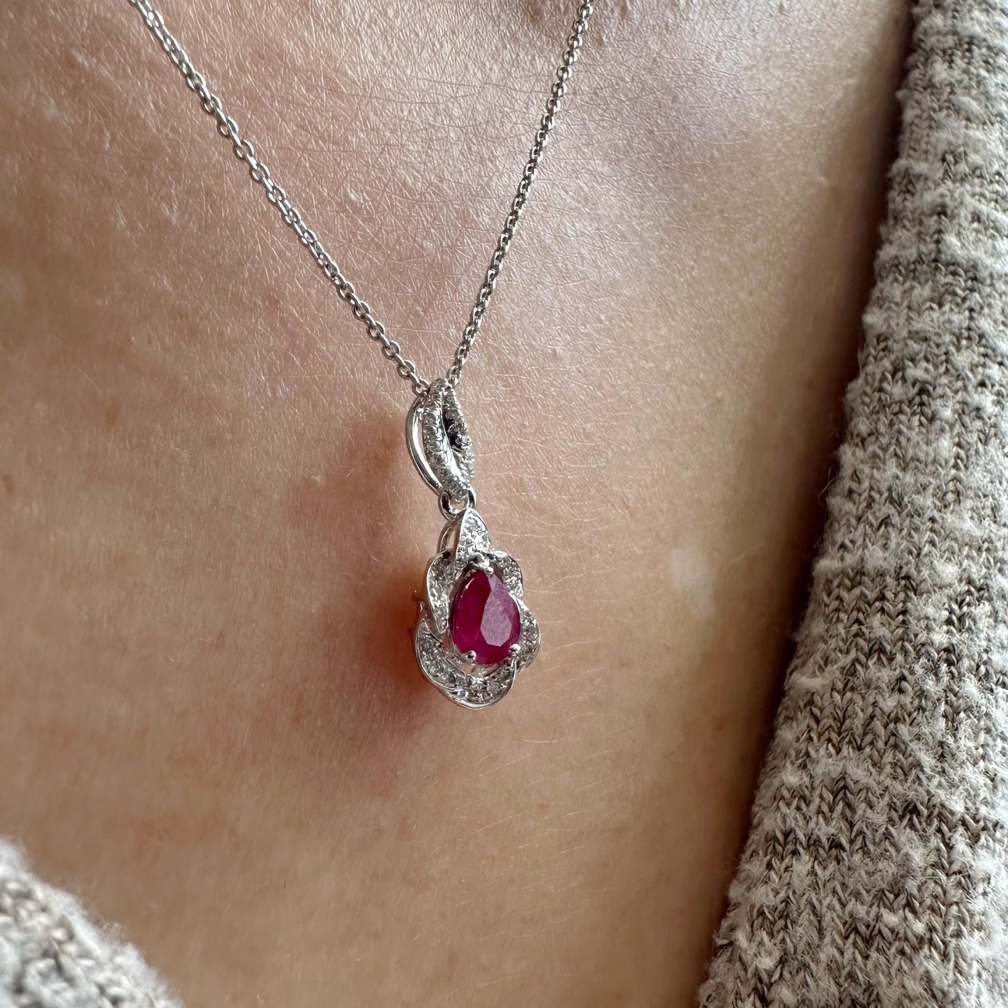 14K Solid White Gold Teardrop Ruby and Diamond Pendant
