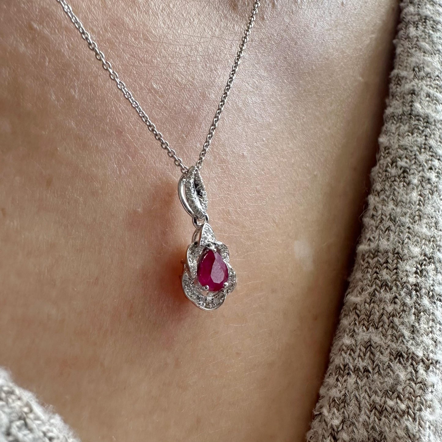 14K Solid White Gold Teardrop Ruby and Diamond Pendant