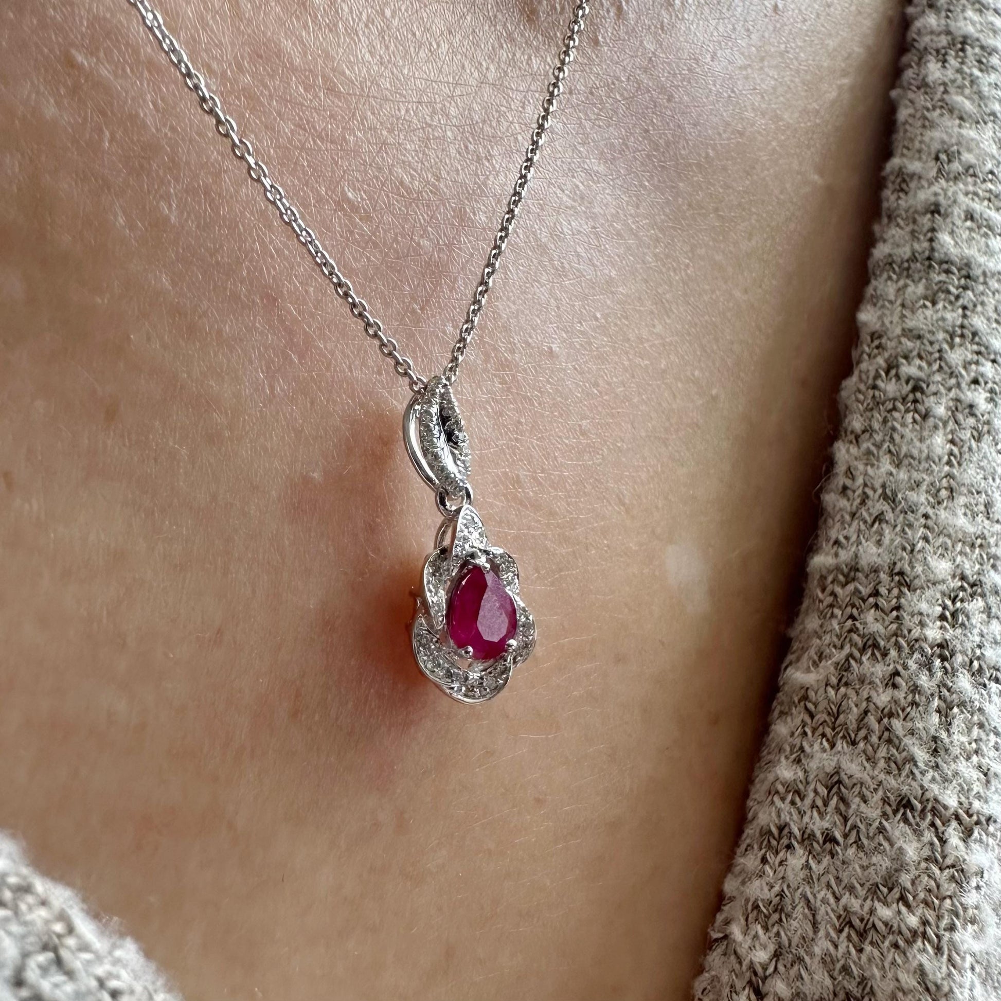 14K Solid White Gold Teardrop Ruby and Diamond Pendant