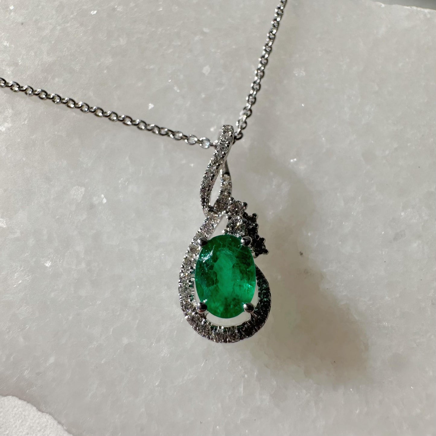 14K Solid White Gold Genuine Oval Emerald and Diamond Pendant