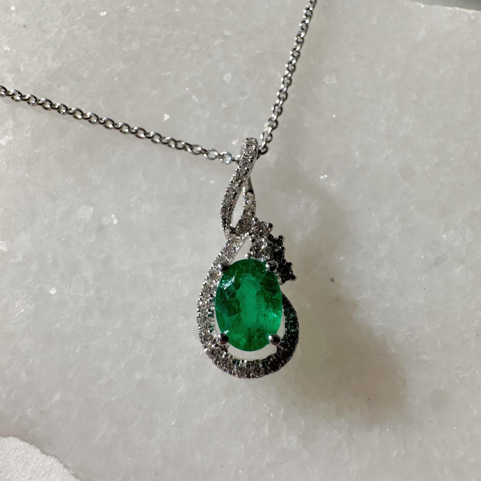 14K Solid White Gold Genuine Oval Emerald and Diamond Pendant
