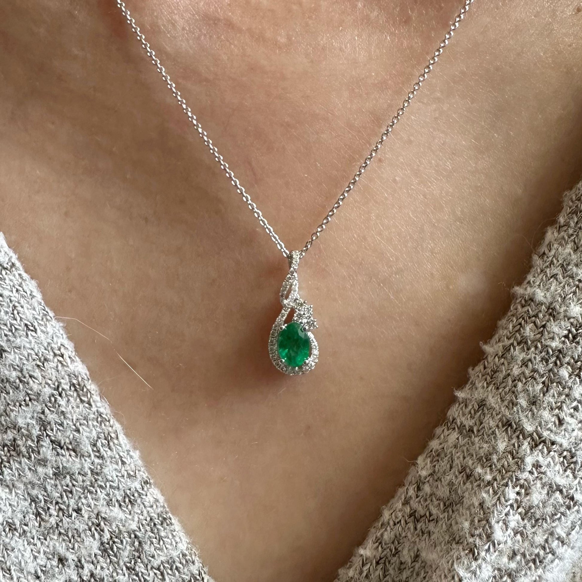 14K Solid White Gold Genuine Oval Emerald and Diamond Pendant