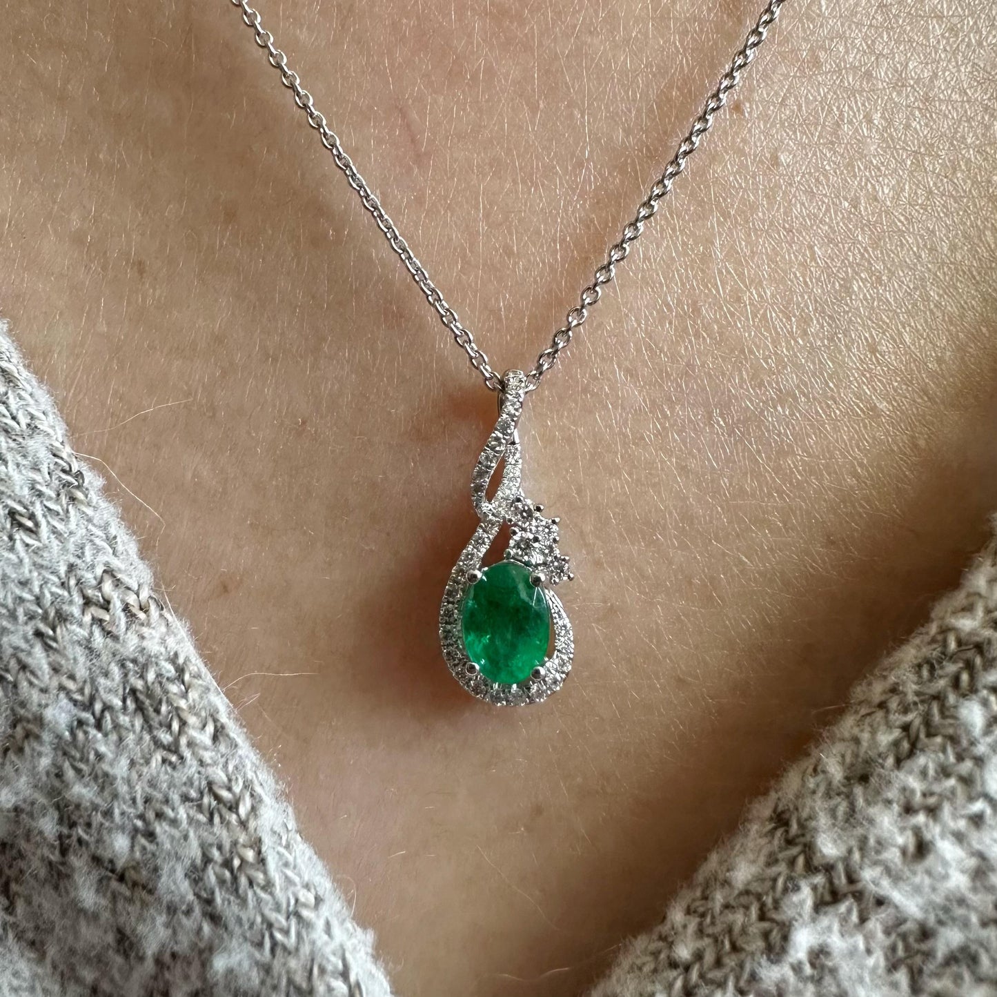 14K Solid White Gold Genuine Oval Emerald and Diamond Pendant