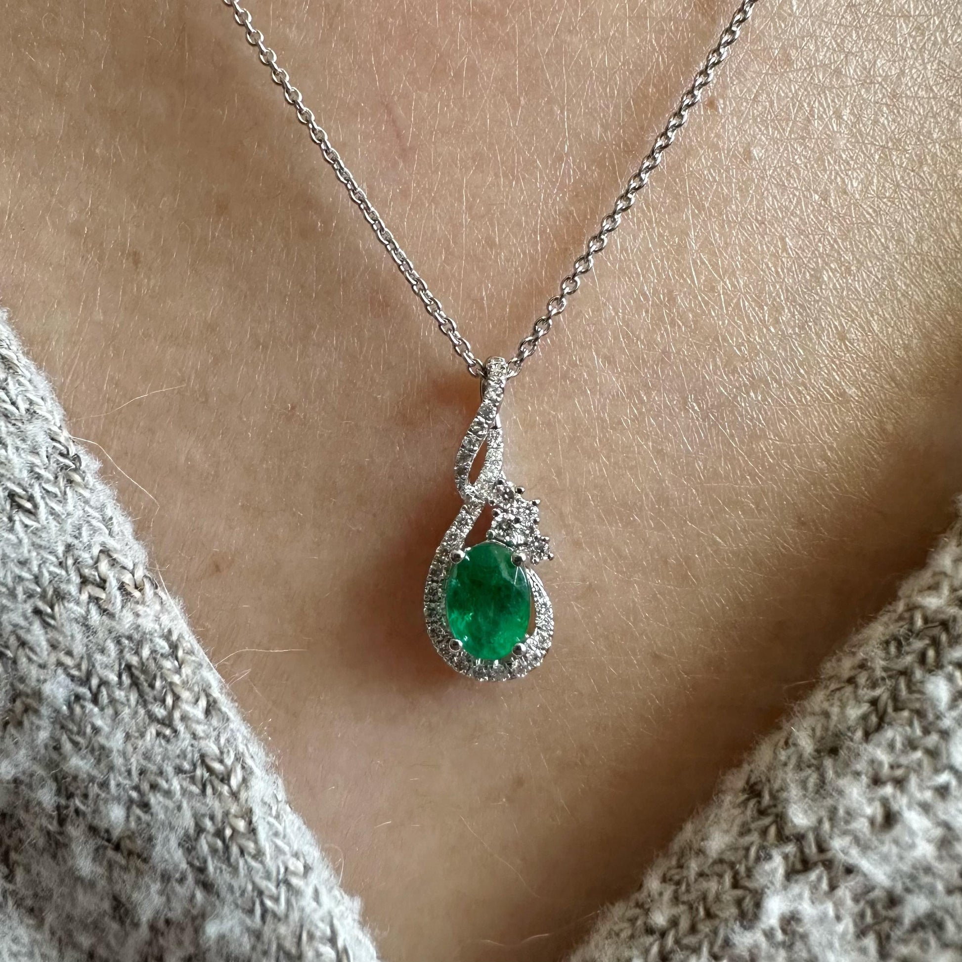 14K Solid White Gold Genuine Oval Emerald and Diamond Pendant