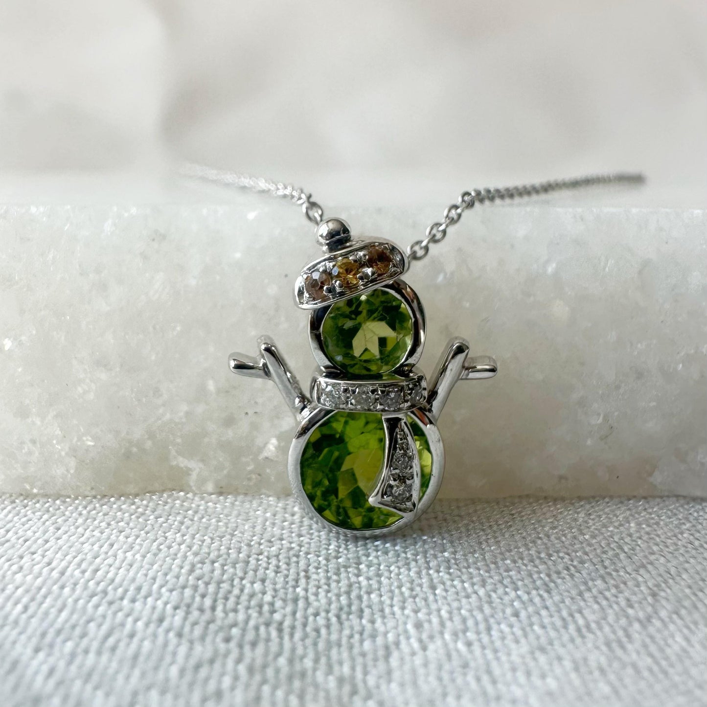 14K Solid Gold Genuine Peridot Snowman Pendant
