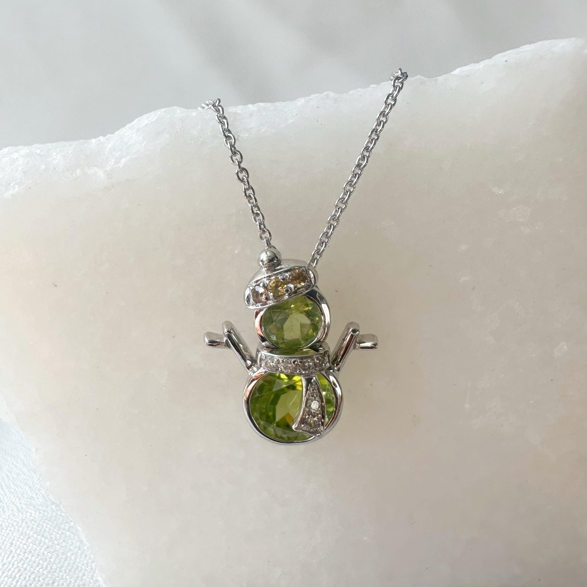 14K Solid Gold Genuine Peridot Snowman Pendant