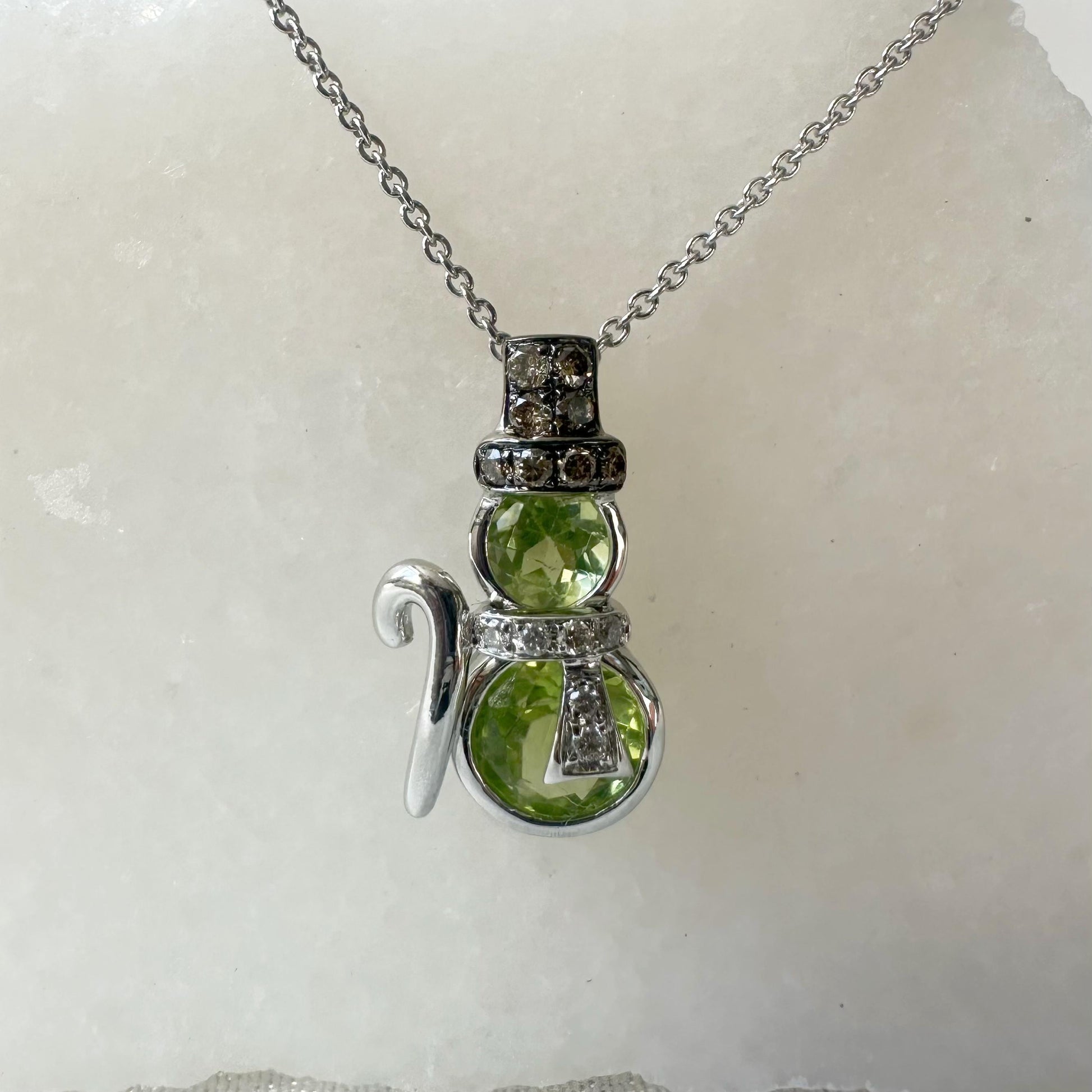 14K Solid Gold Genuine Peridot and Champagne Diamond Snowman Pendant