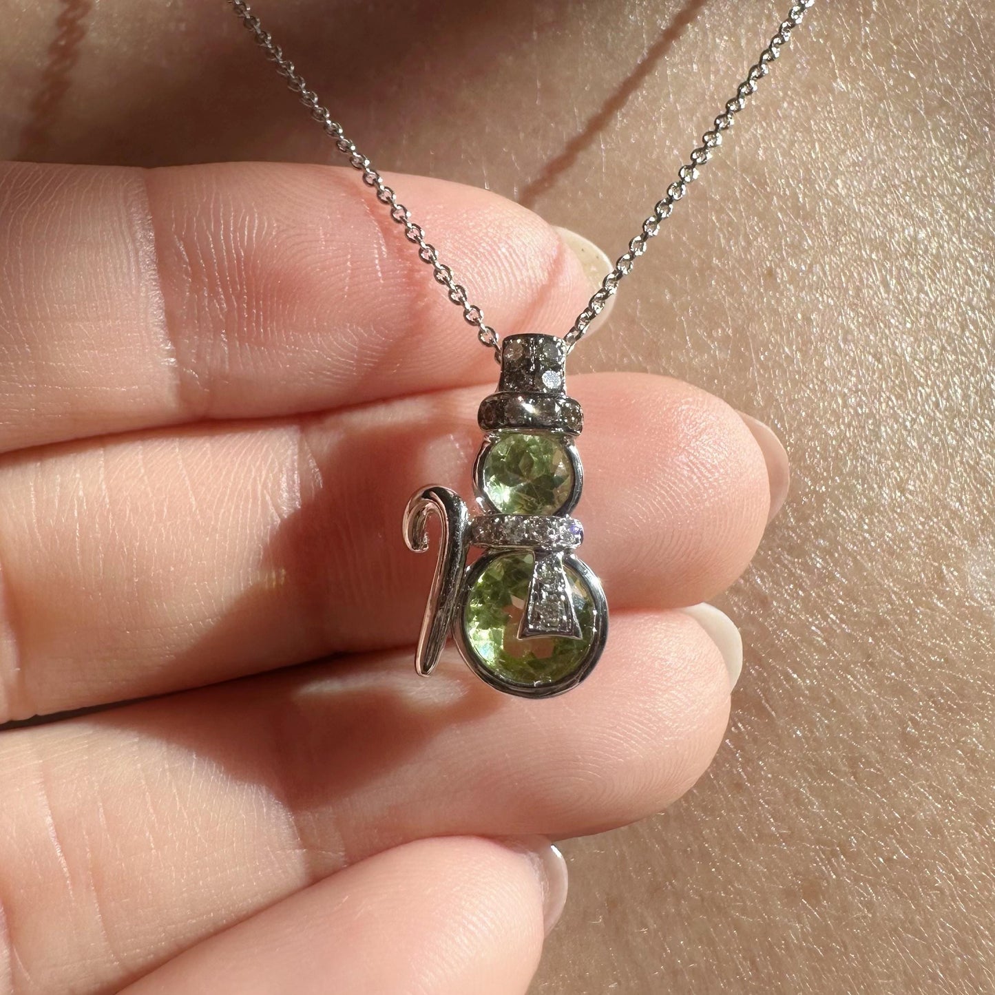 14K Solid Gold Genuine Peridot and Champagne Diamond Snowman Pendant