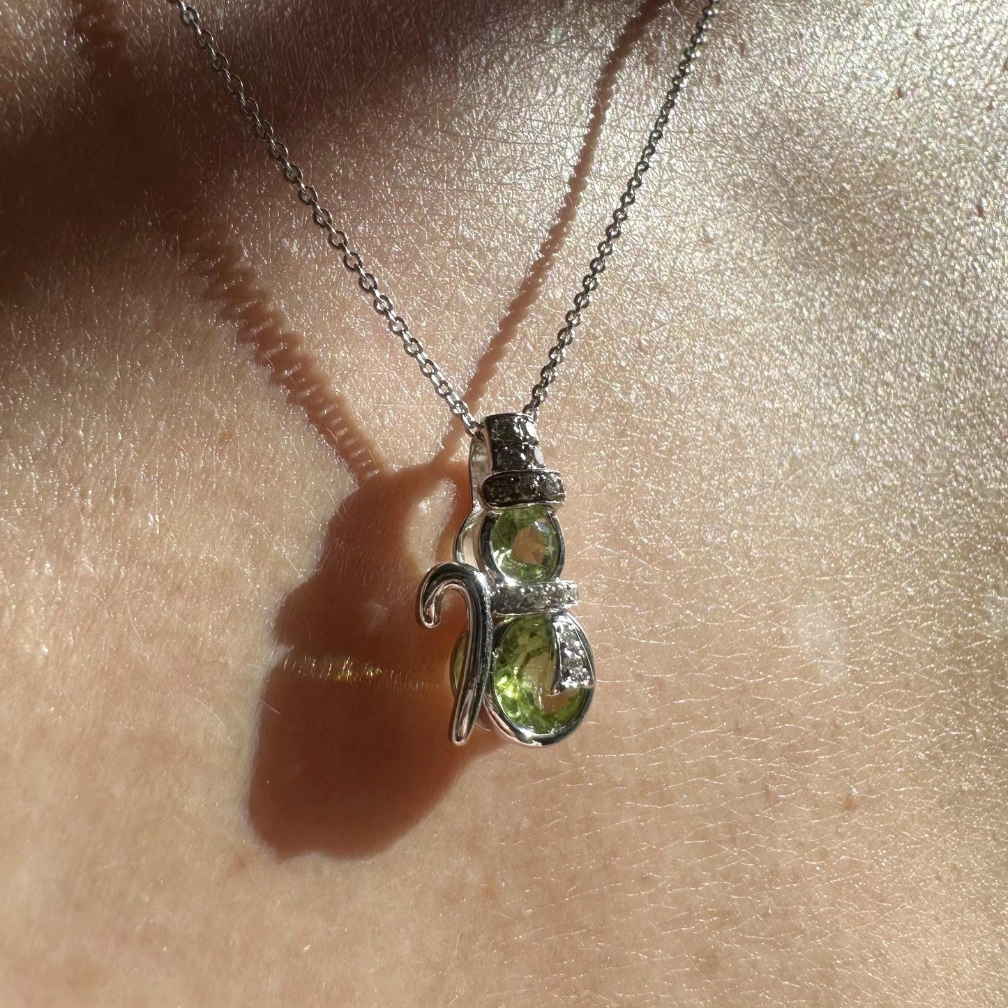 14K Solid Gold Genuine Peridot and Champagne Diamond Snowman Pendant