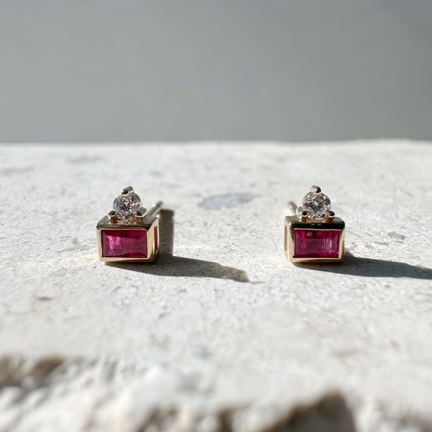 14K Solid Gold Genuine Baguette Ruby and Diamond Stacked Studs/Pair
