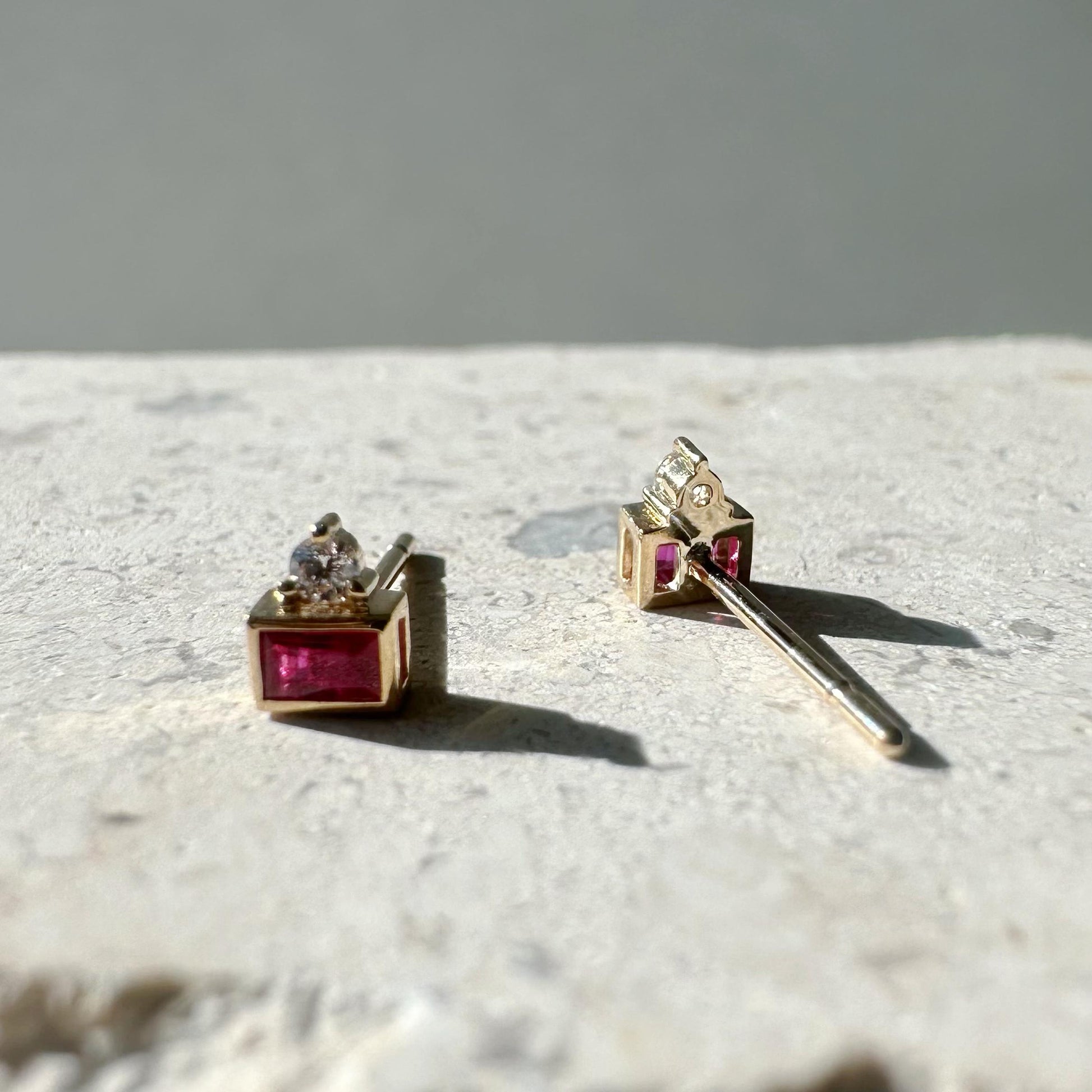 14K Solid Gold Genuine Baguette Ruby and Diamond Stacked Studs/Pair