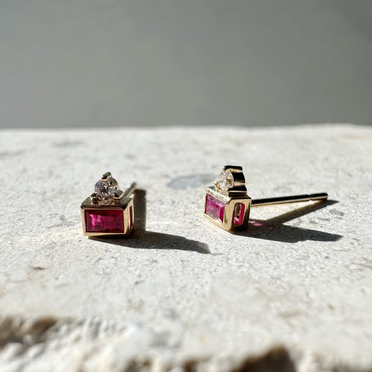 14K Solid Gold Genuine Baguette Ruby and Diamond Stacked Studs/Pair