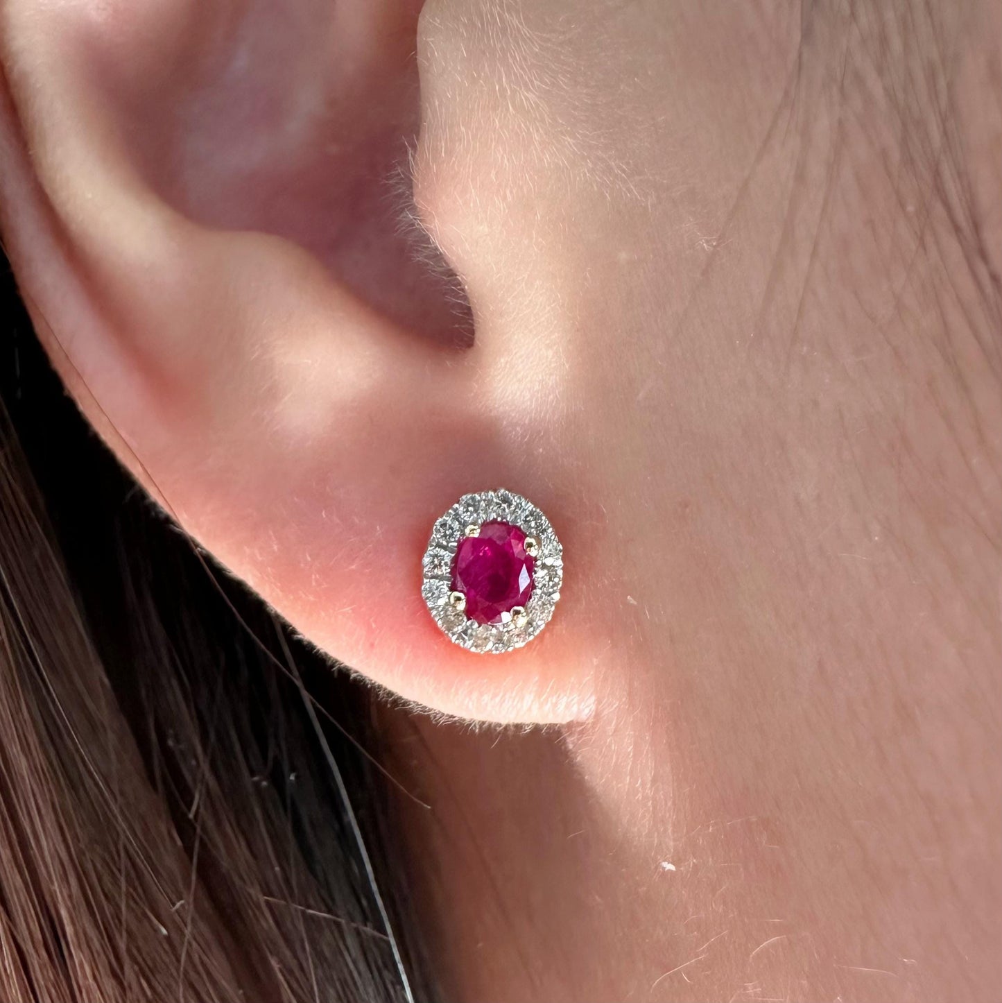 14K Solid Gold Ruby and Diamond Halo Studs
