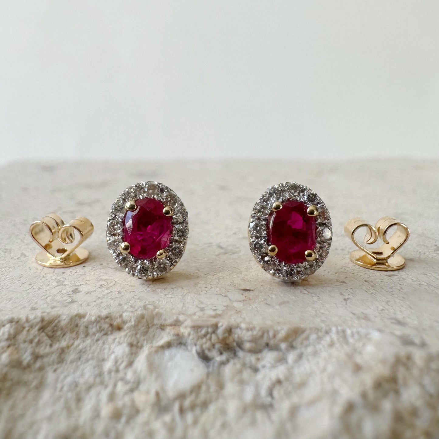 14K Solid Gold Ruby and Diamond Halo Studs