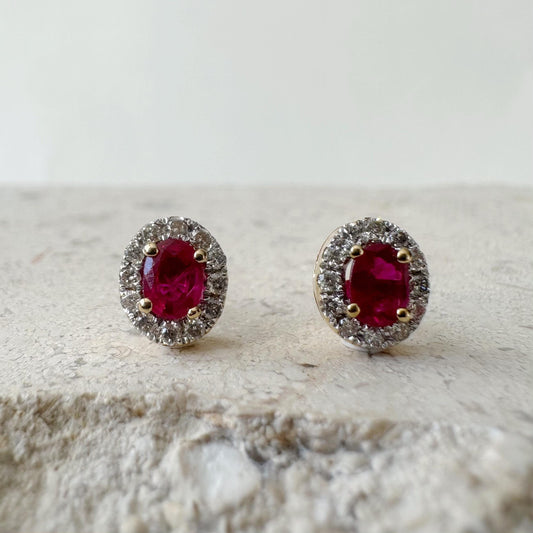 14K Solid Gold Ruby and Diamond Halo Studs