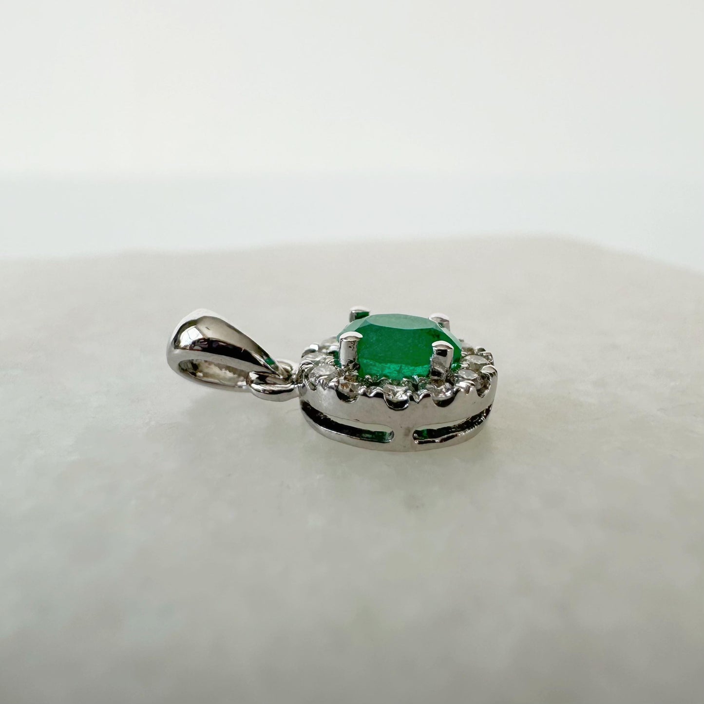 14K Solid Gold Genuine Diamond and Emerald Halo Pendant