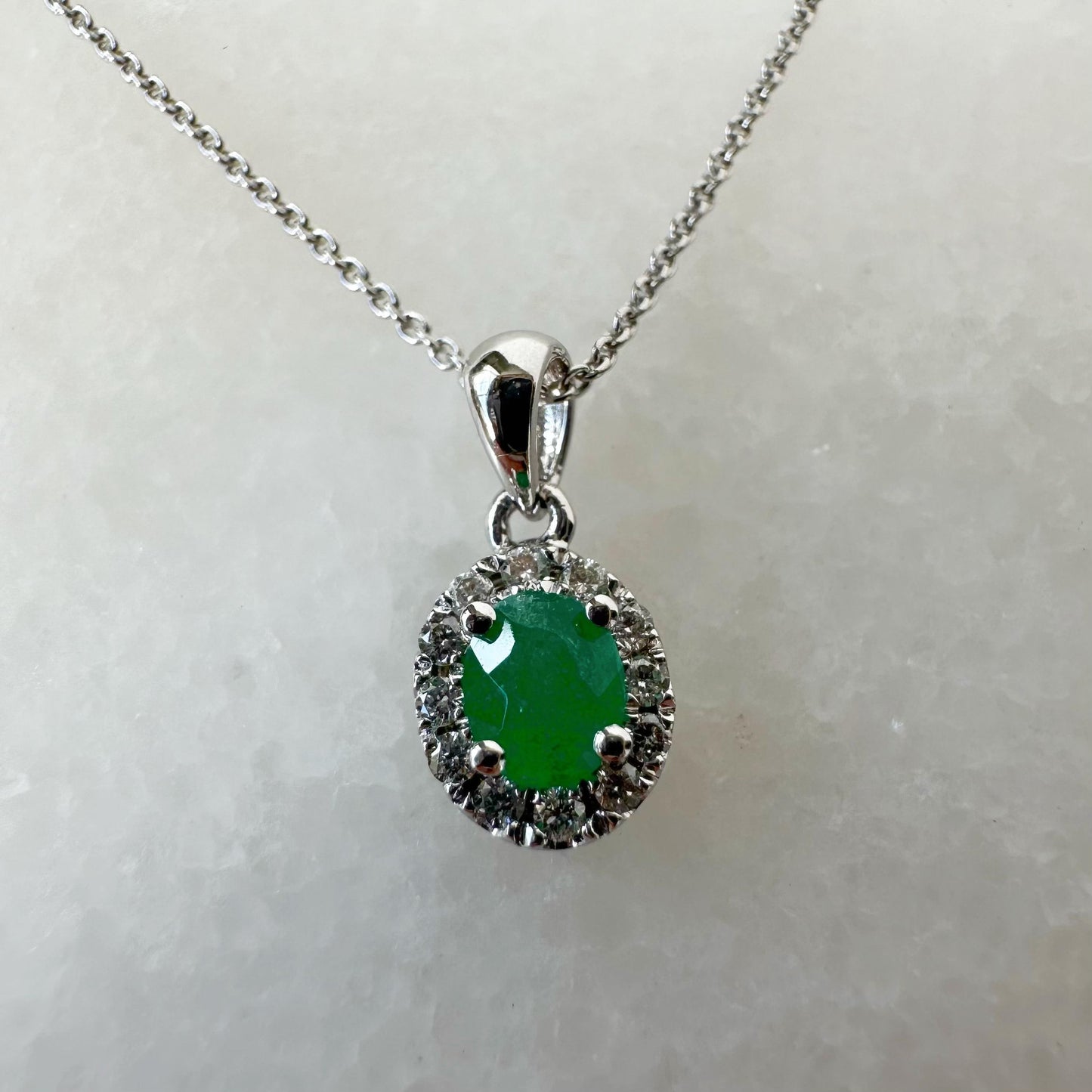 14K Solid Gold Genuine Diamond and Emerald Halo Pendant
