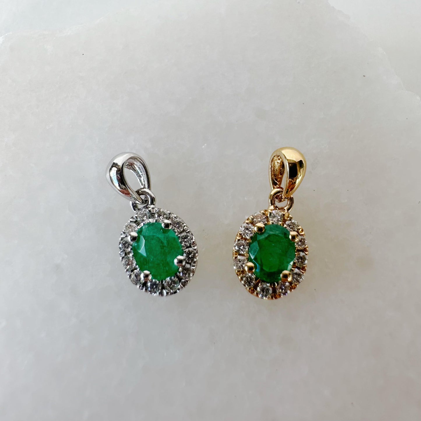 14K Solid Gold Genuine Diamond and Emerald Halo Pendant