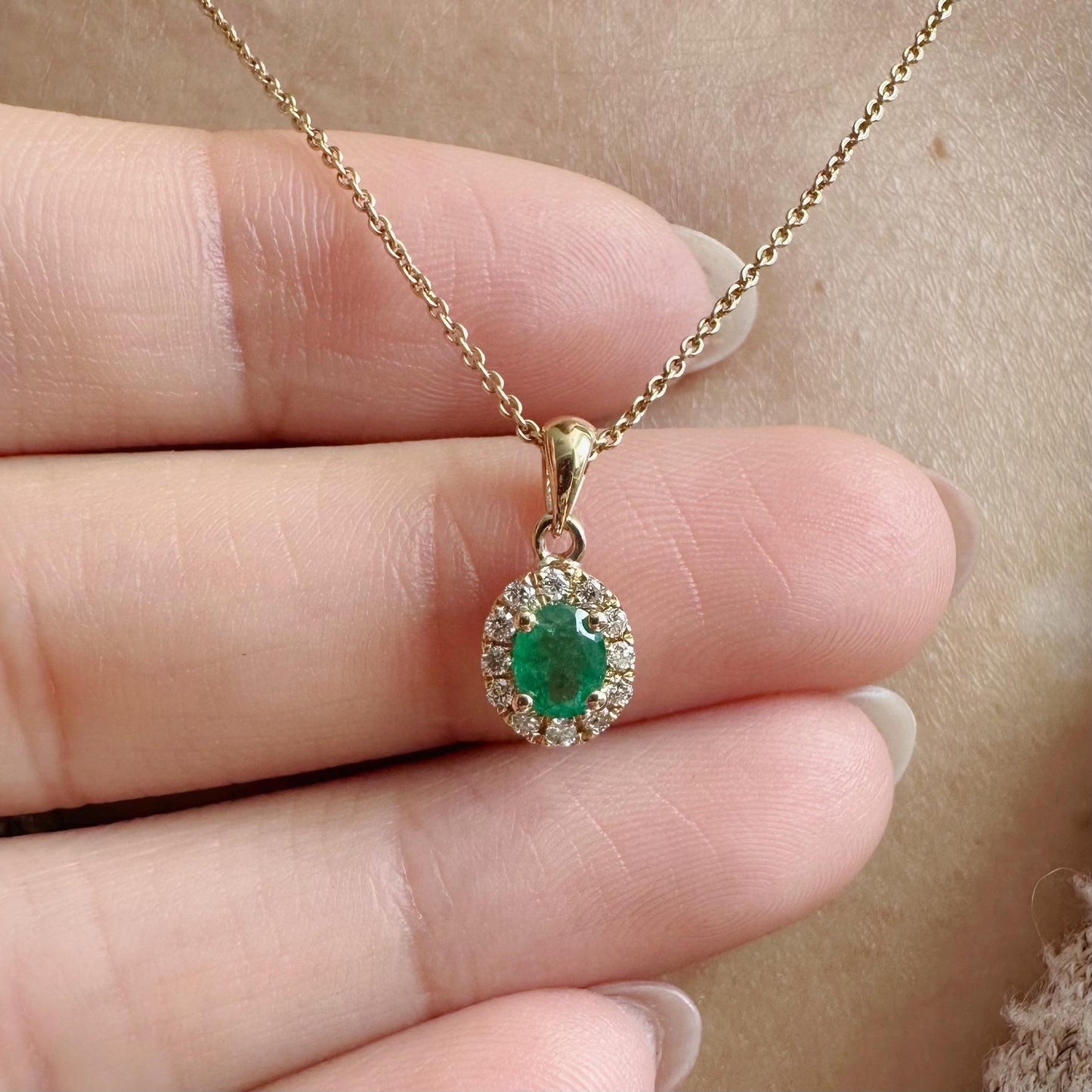 14K Solid Gold Genuine Diamond and Emerald Halo Pendant