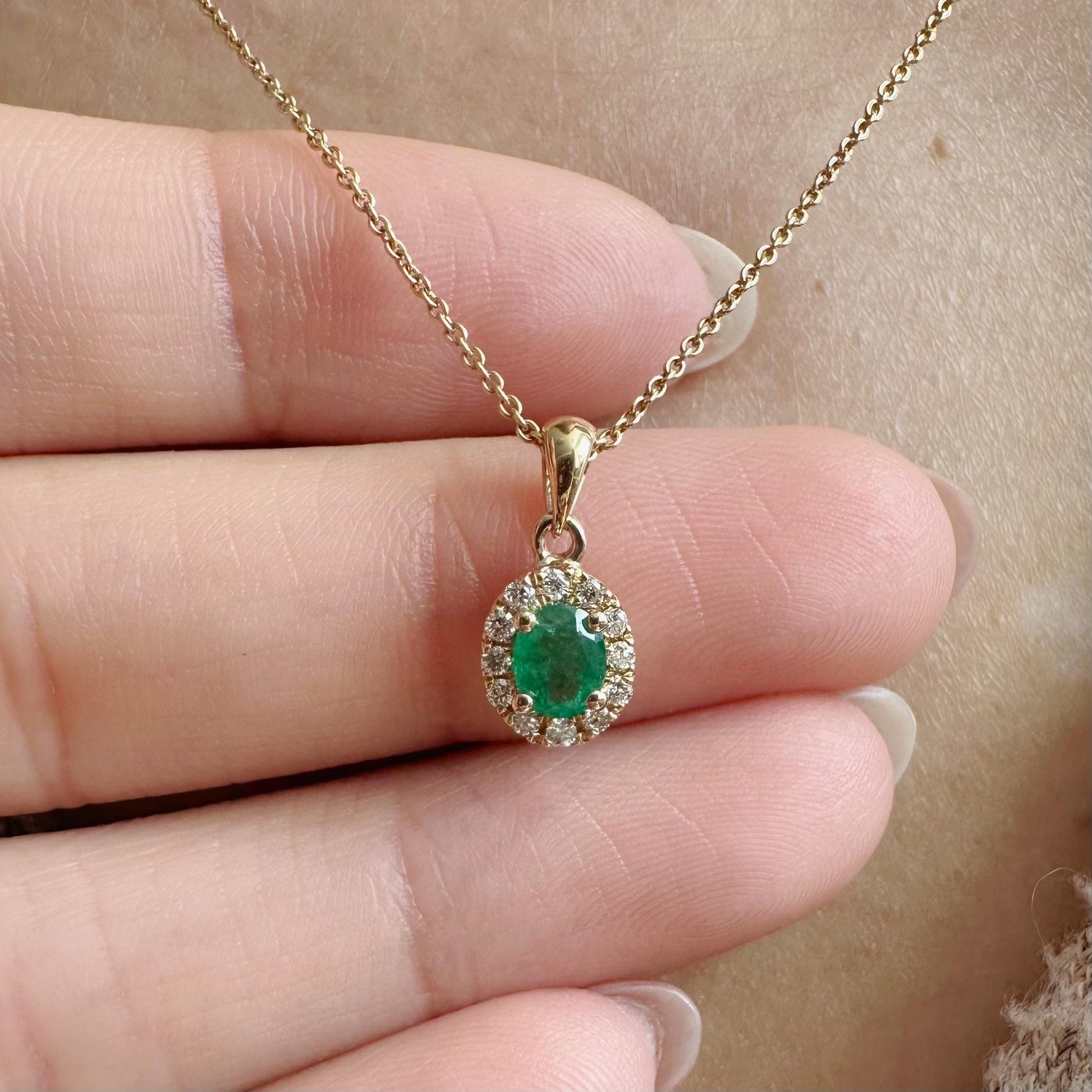 14K Solid Gold Genuine Diamond and Emerald Halo Pendant
