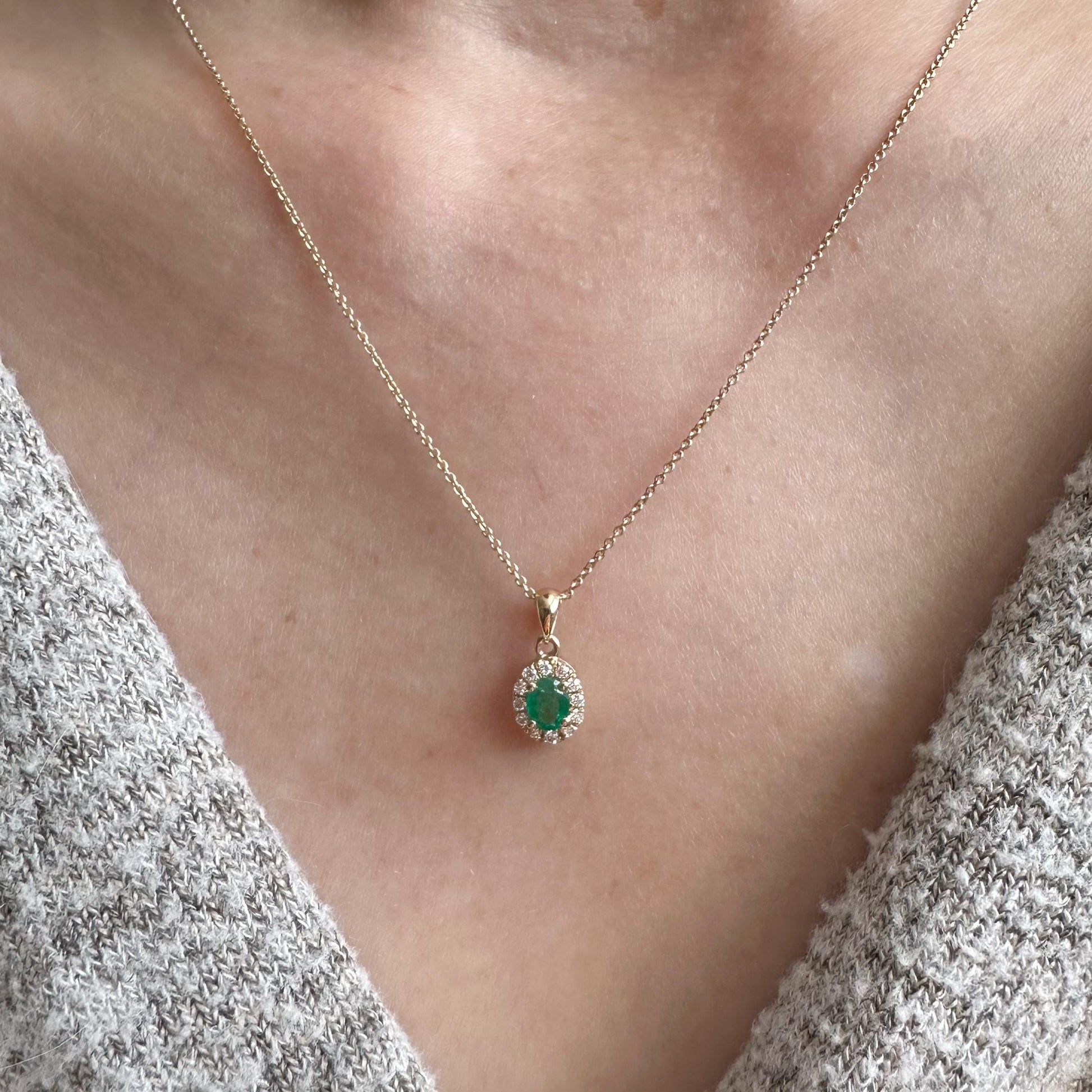 14K Solid Gold Genuine Diamond and Emerald Halo Pendant