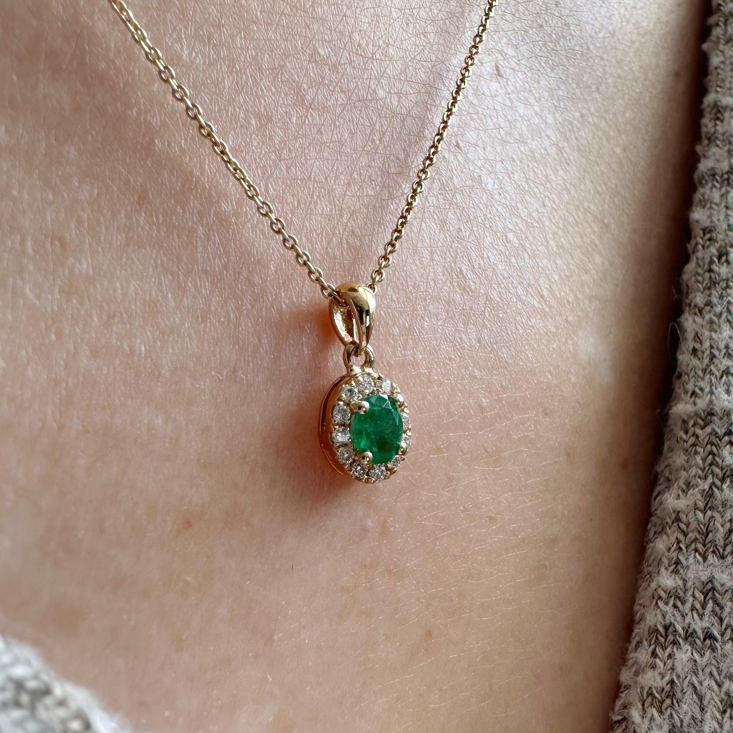 14K Solid Gold Genuine Diamond and Emerald Halo Pendant
