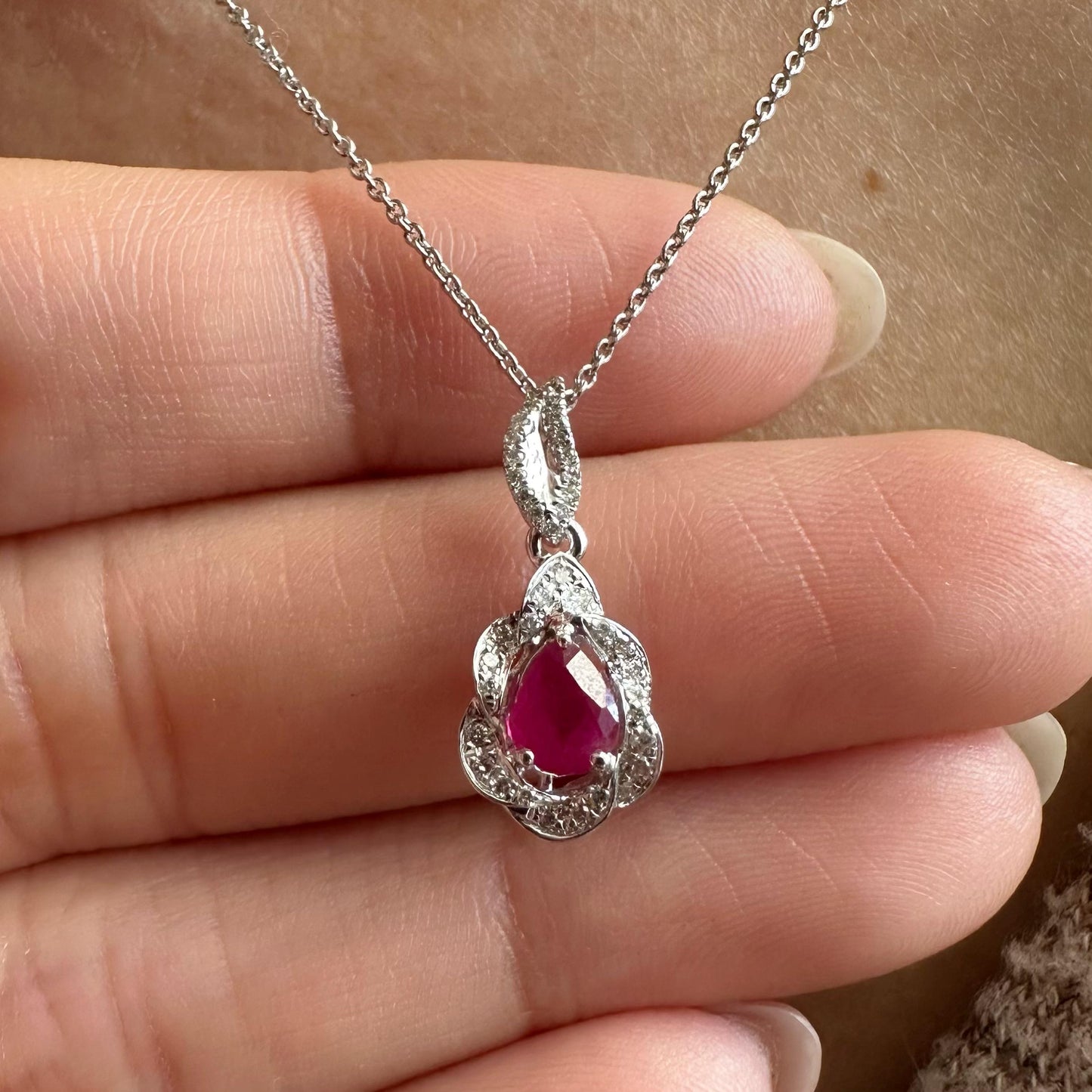 14K Solid White Gold Teardrop Ruby and Diamond Pendant