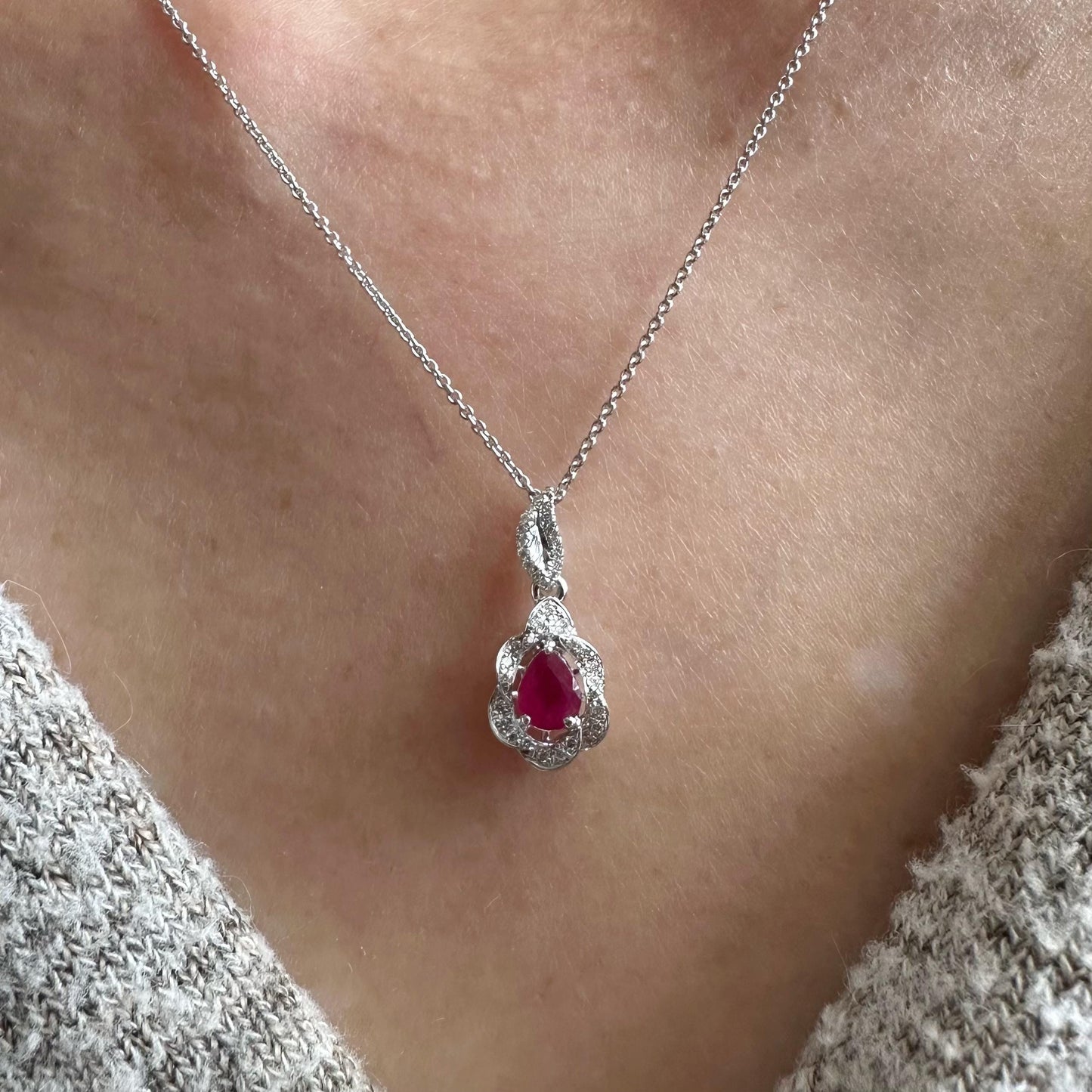 14K Solid White Gold Teardrop Ruby and Diamond Pendant