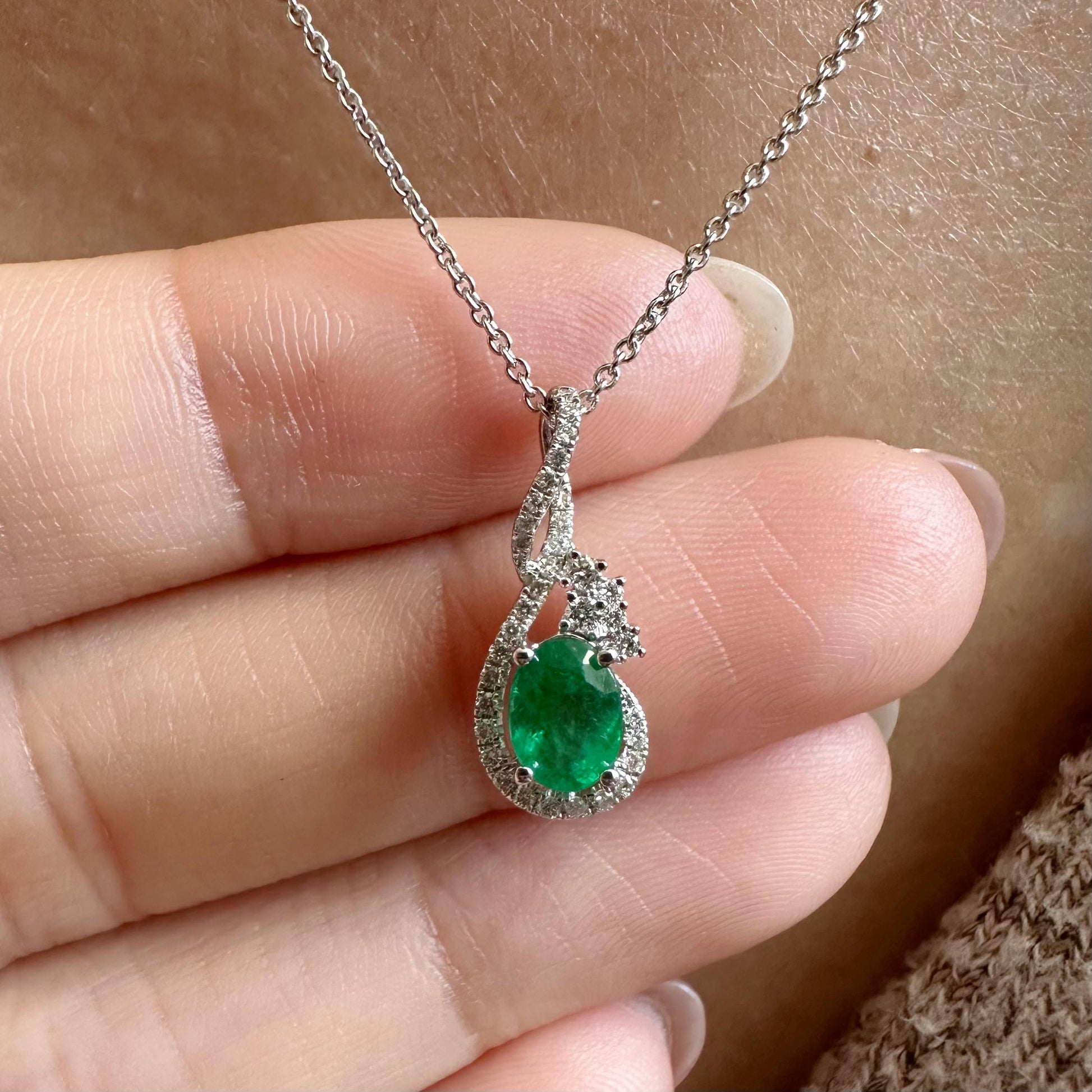 14K Solid White Gold Genuine Oval Emerald and Diamond Pendant