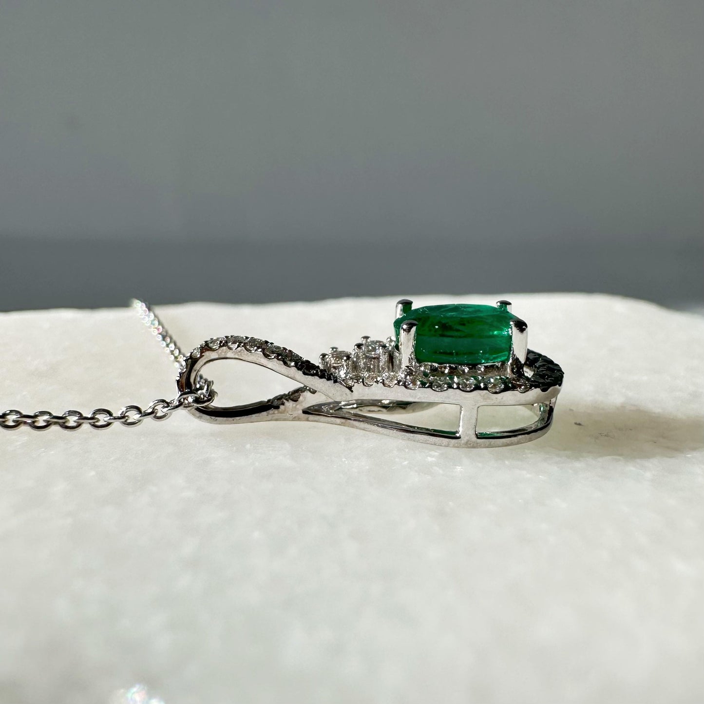 14K Solid White Gold Genuine Oval Emerald and Diamond Pendant