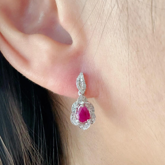14K Solid White Gold Genuine Diamond and Teardrop Ruby Dangle Earrings