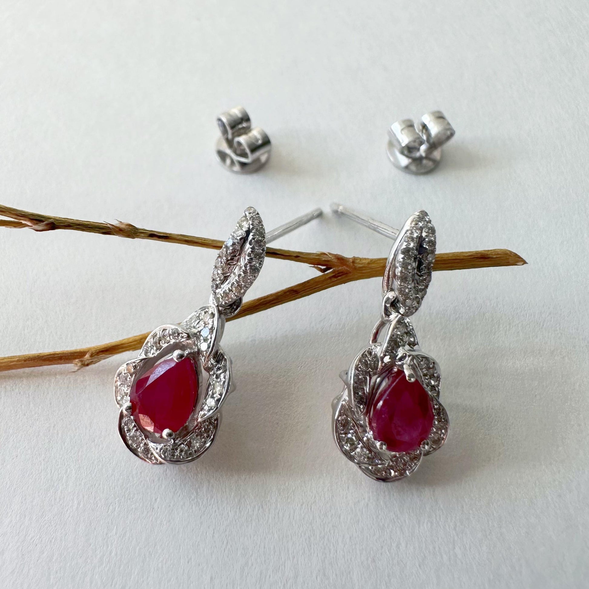 14K Solid White Gold Genuine Diamond and Teardrop Ruby Dangle Earrings