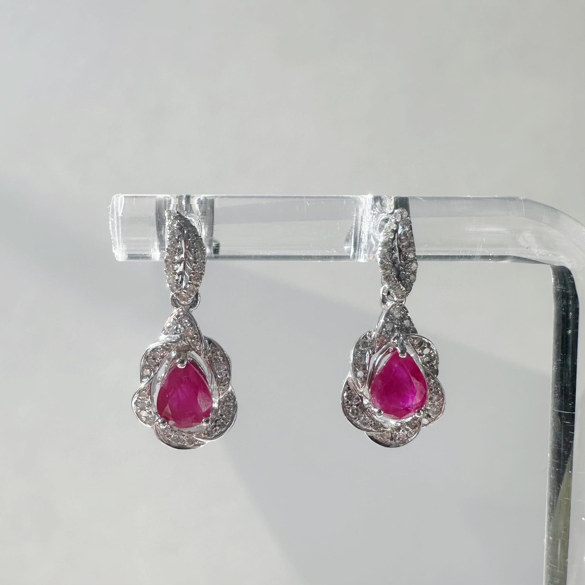 14K Solid White Gold Genuine Diamond and Teardrop Ruby Dangle Earrings