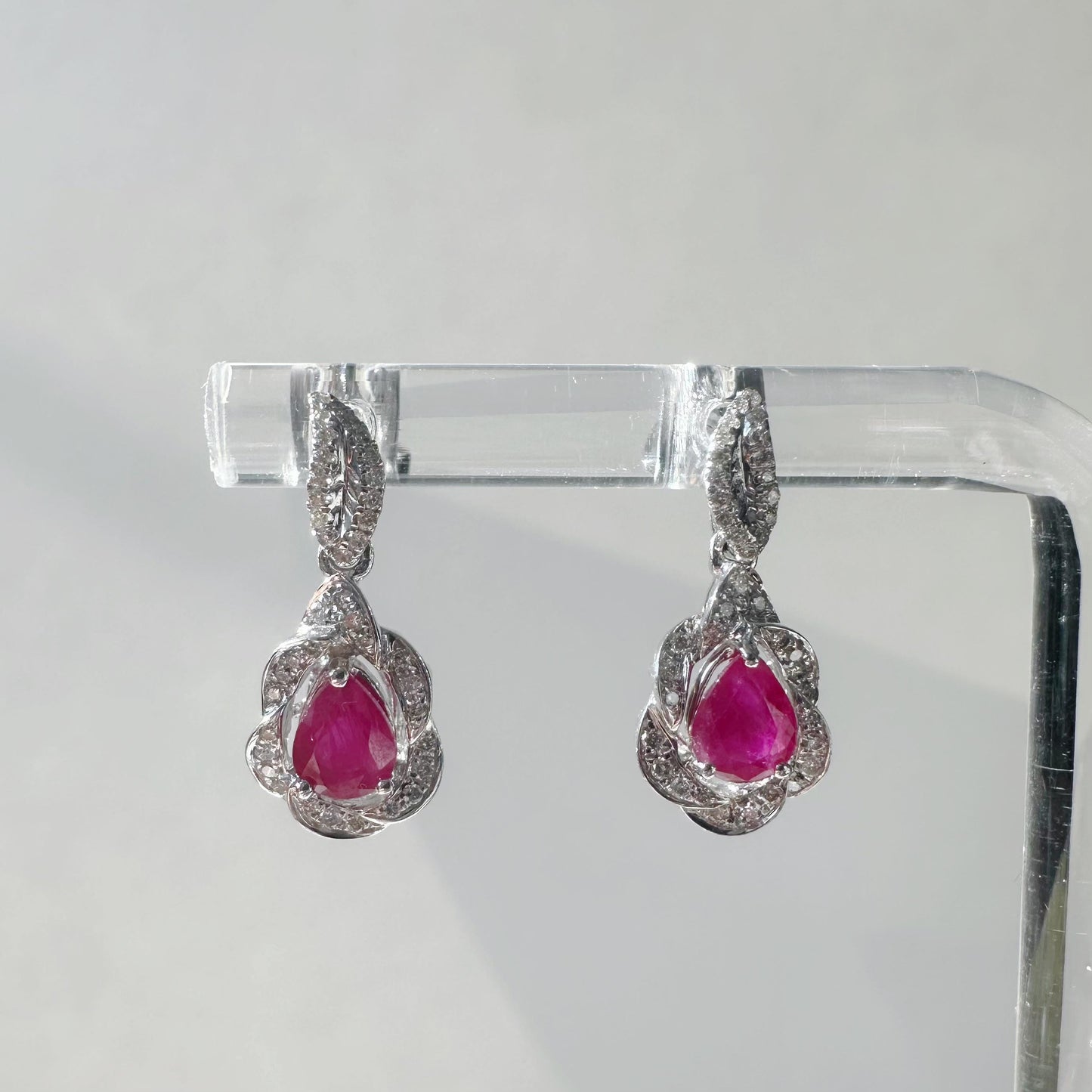 14K Solid White Gold Genuine Diamond and Teardrop Ruby Dangle Earrings