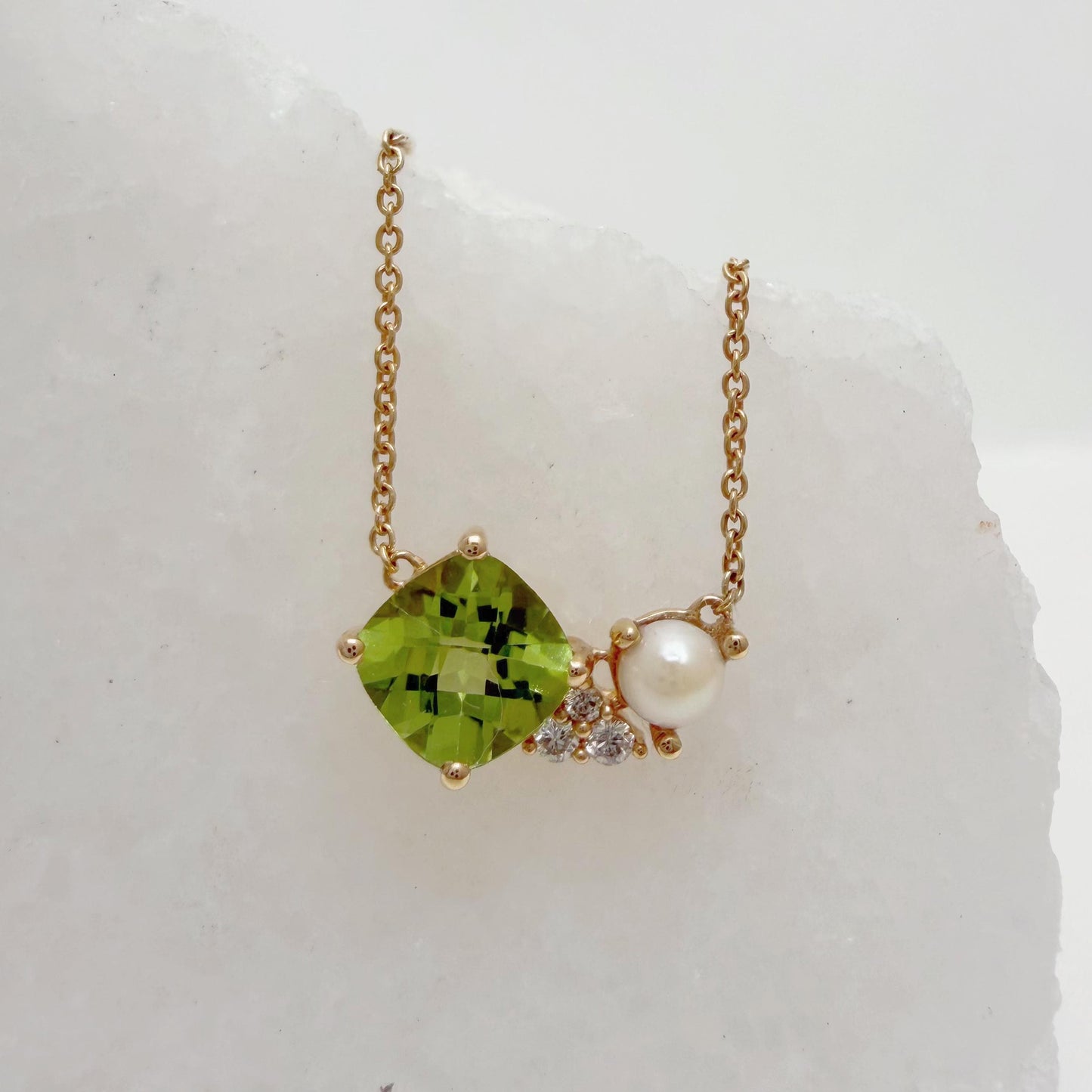 14K Solid Gold Genuine Peridot, Pearl and Diamond Cluster Necklace