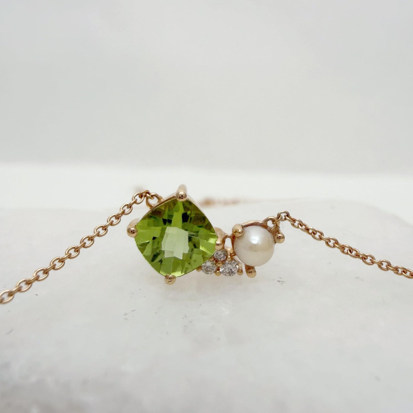 14K Solid Gold Genuine Peridot, Pearl and Diamond Cluster Necklace