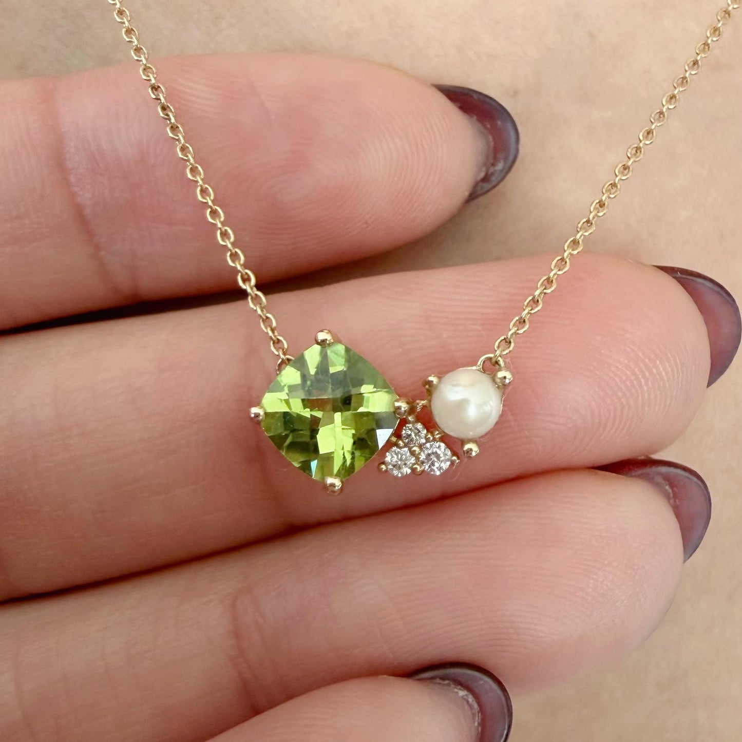 14K Solid Gold Genuine Peridot, Pearl and Diamond Cluster Necklace