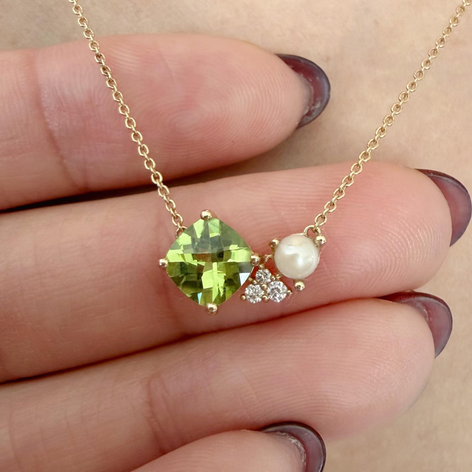 14K Solid Gold Genuine Peridot, Pearl and Diamond Cluster Necklace