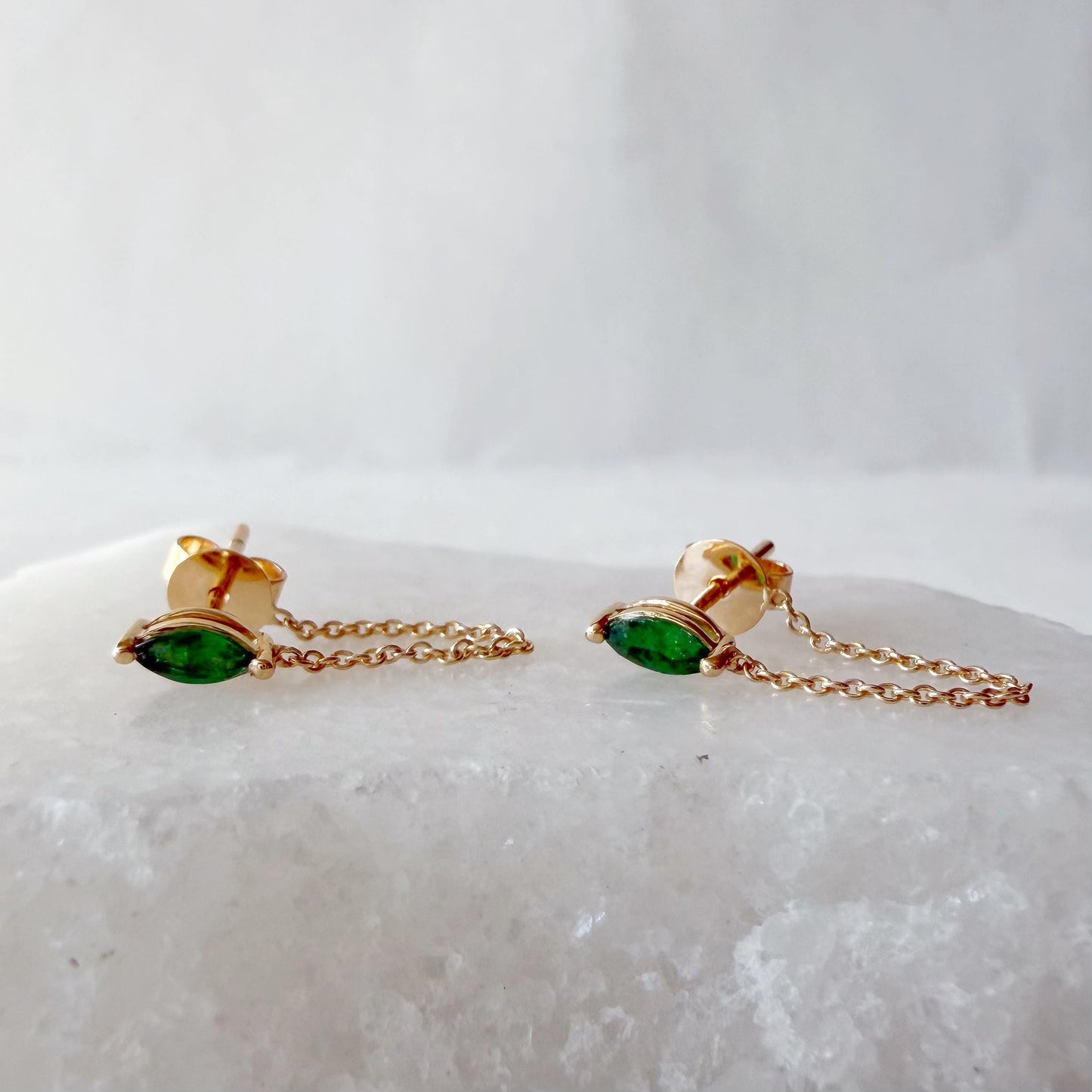 14K Solid Gold Genuine Marquise Emerald Chain Earrings/Pair