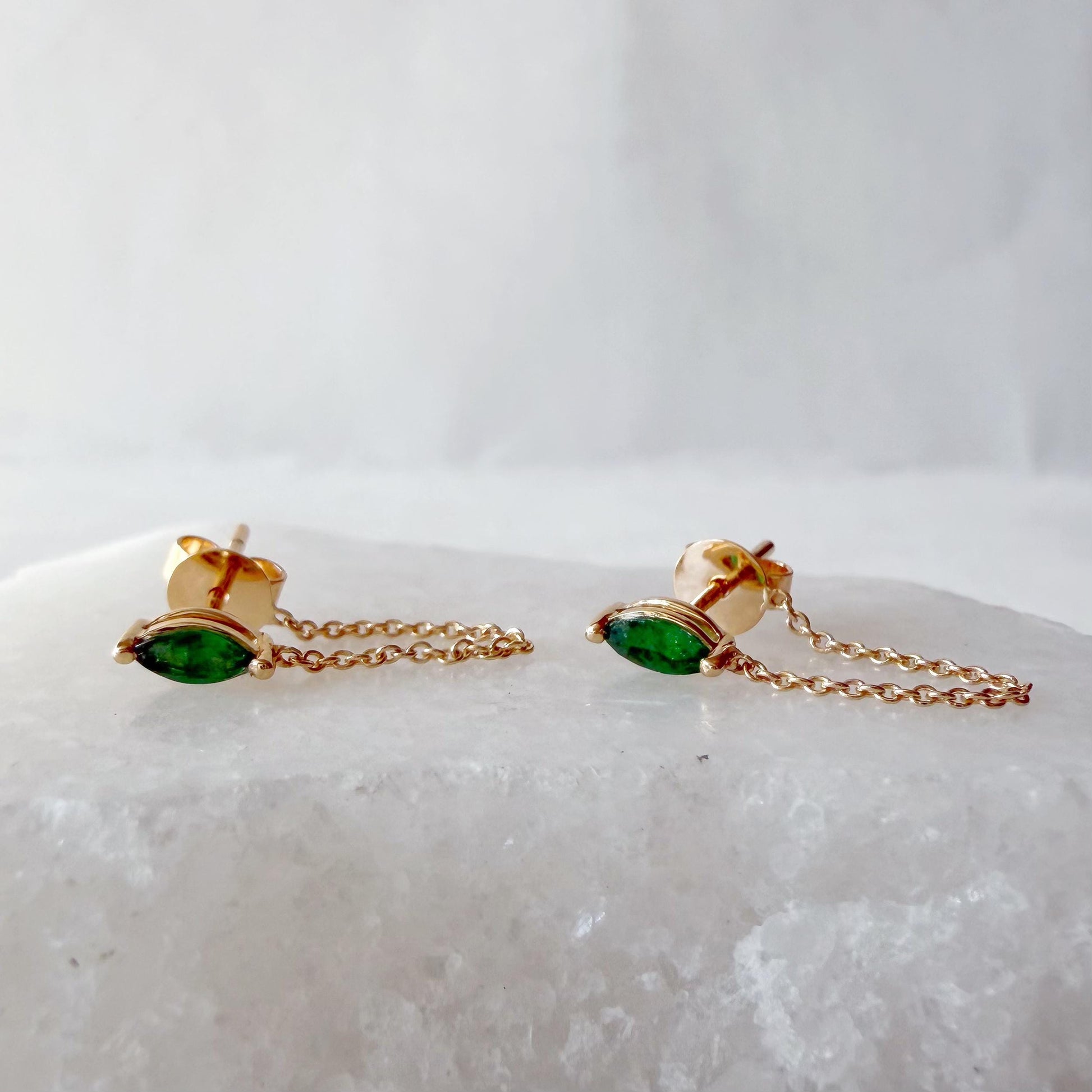 14K Solid Gold Genuine Marquise Emerald Chain Earrings/Pair