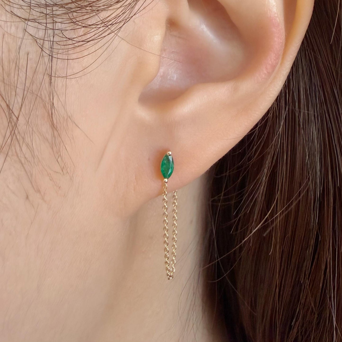 14K Solid Gold Genuine Marquise Emerald Chain Earrings/Pair